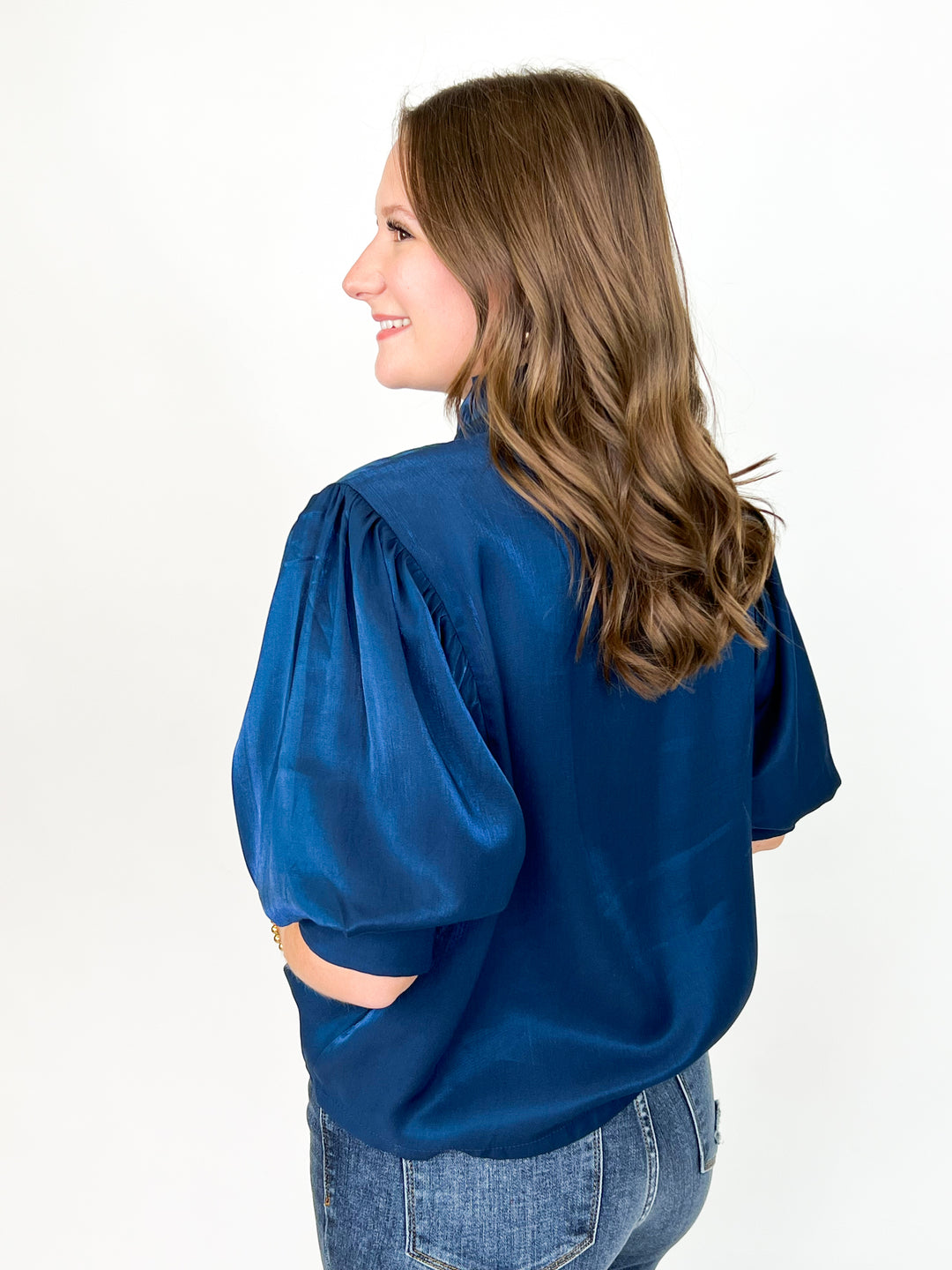 Cheryl - Navy Ruffle Neck Puff Sleeve Blouse