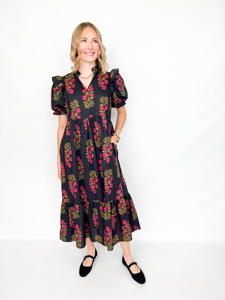 Jillian - Floral Ruffle Detail Midi Dress