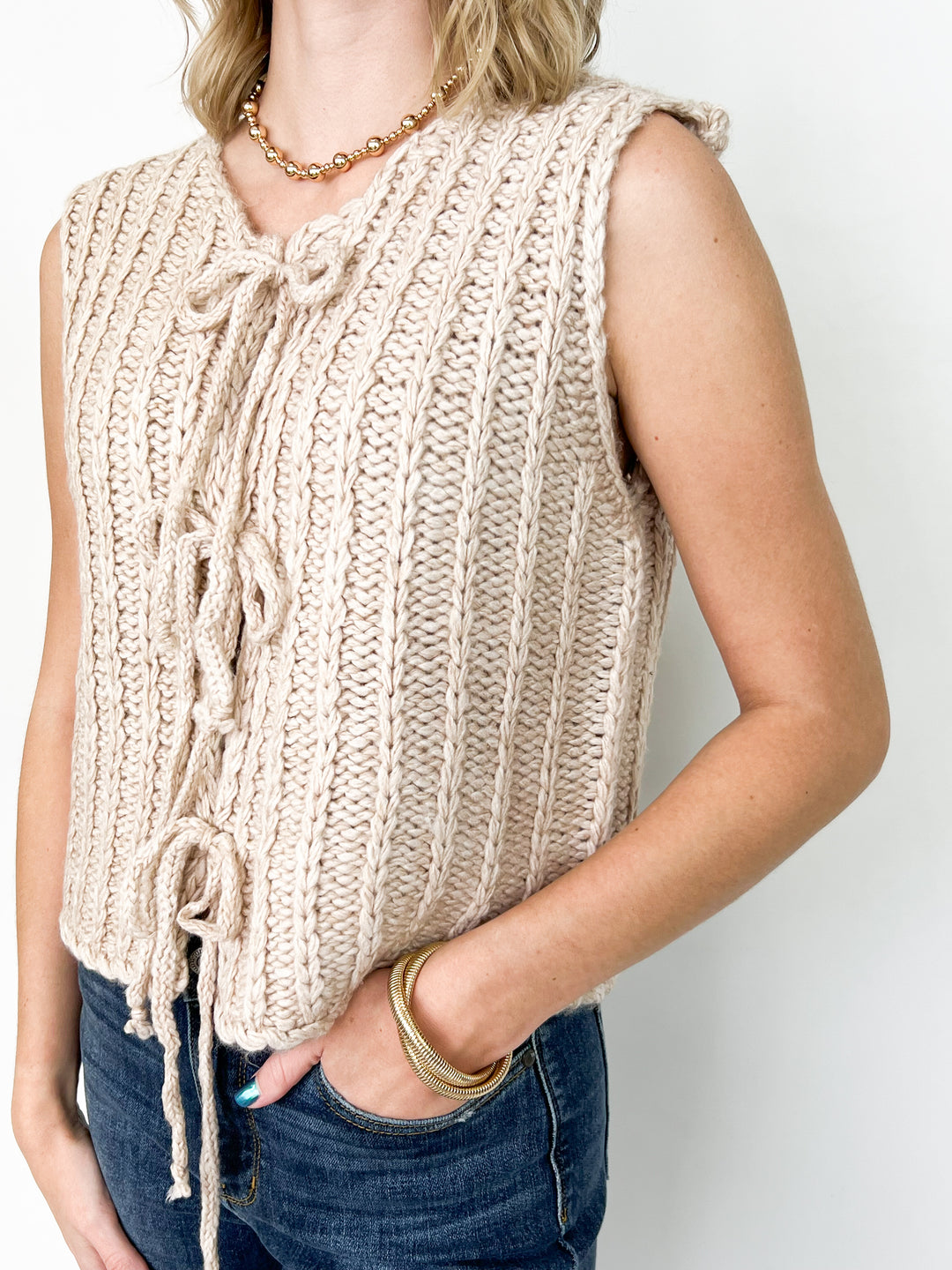 Makenzie - Front Tie Sweater Vest (Oatmeal)