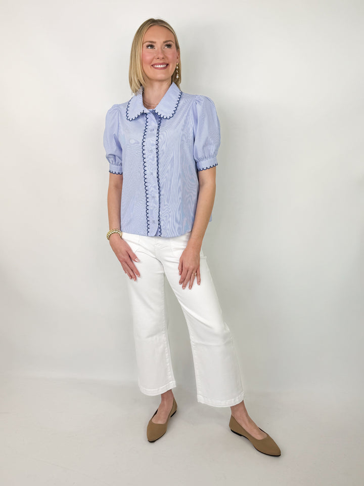 Martha - Scalloped Collar Striped Short Sleeve Blouse (Blue)