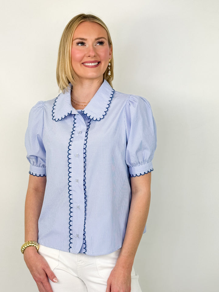 Martha - Scalloped Collar Striped Short Sleeve Blouse (Blue)