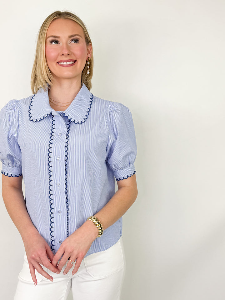 Martha - Scalloped Collar Striped Short Sleeve Blouse (Blue)