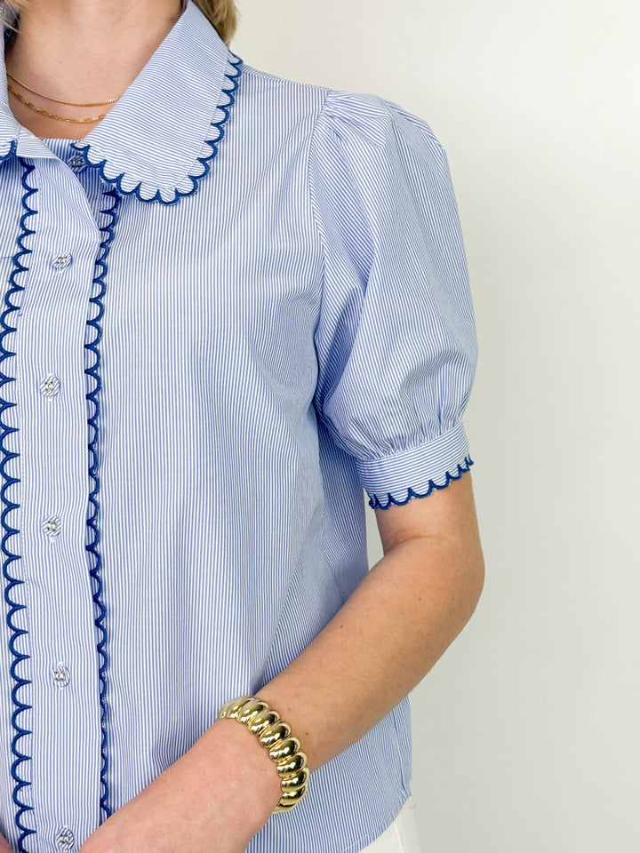 Martha - Scalloped Collar Striped Short Sleeve Blouse (Blue)