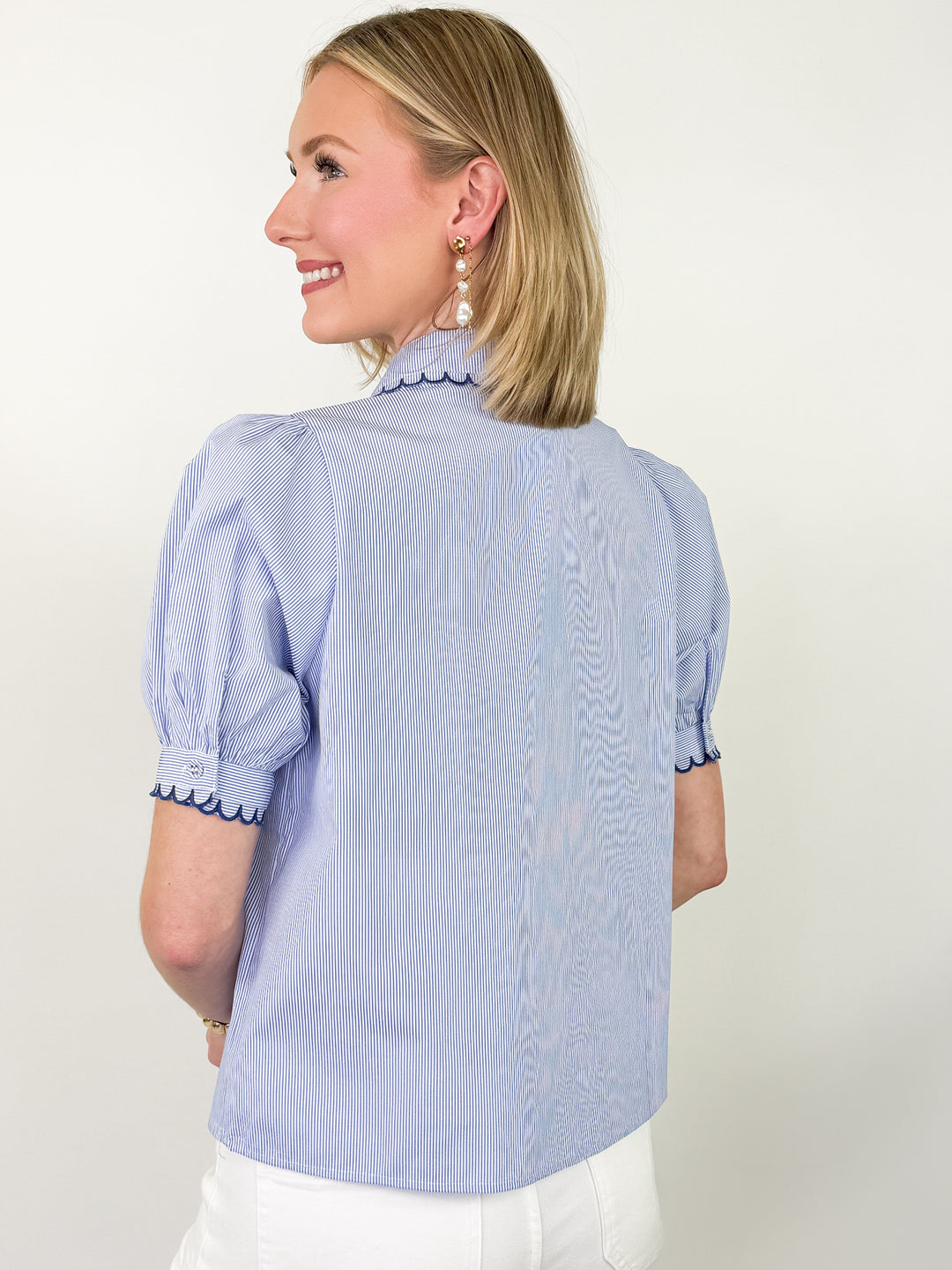 Martha - Scalloped Collar Striped Short Sleeve Blouse (Blue)