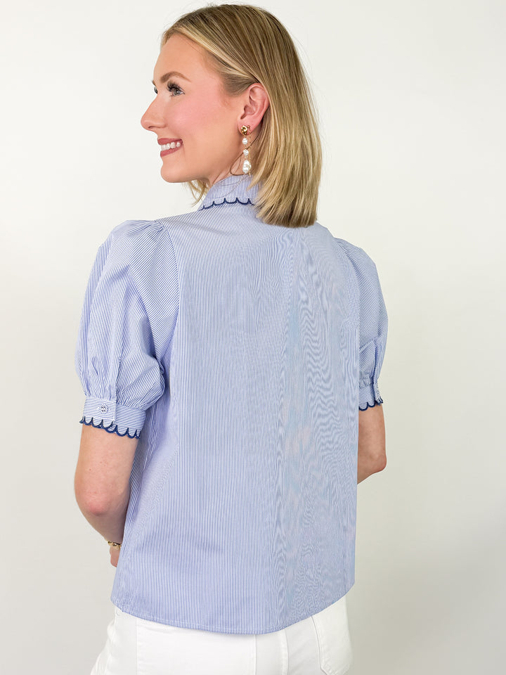 Martha - Scalloped Collar Striped Short Sleeve Blouse (Blue)