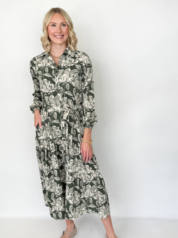 Ellie - Olive Long Sleeve Printed Midi Dress