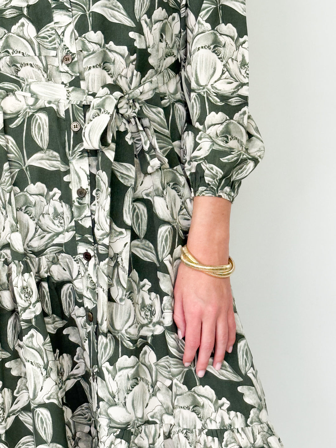 Ellie - Olive Long Sleeve Printed Midi Dress