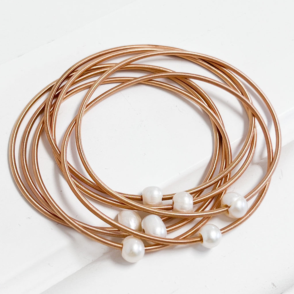 Wendy - Rose Gold Coiled Bracelet Set w/ Pearls