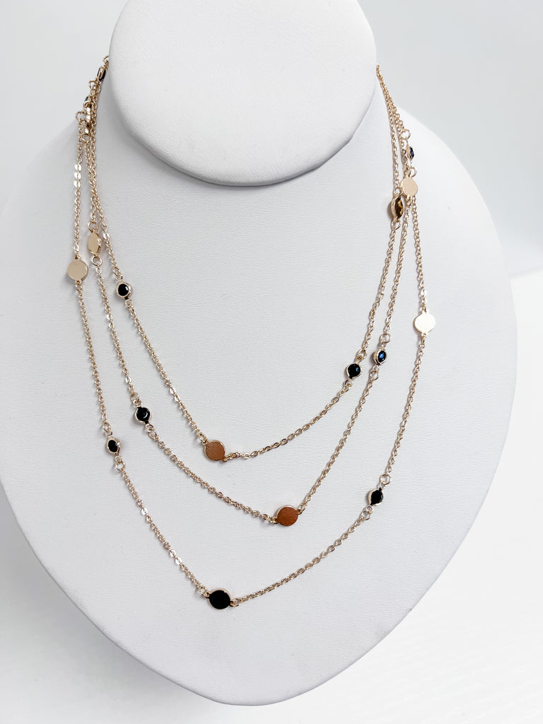 Danielle - Long Necklace w/ Gold Disk & Black Rhinestones