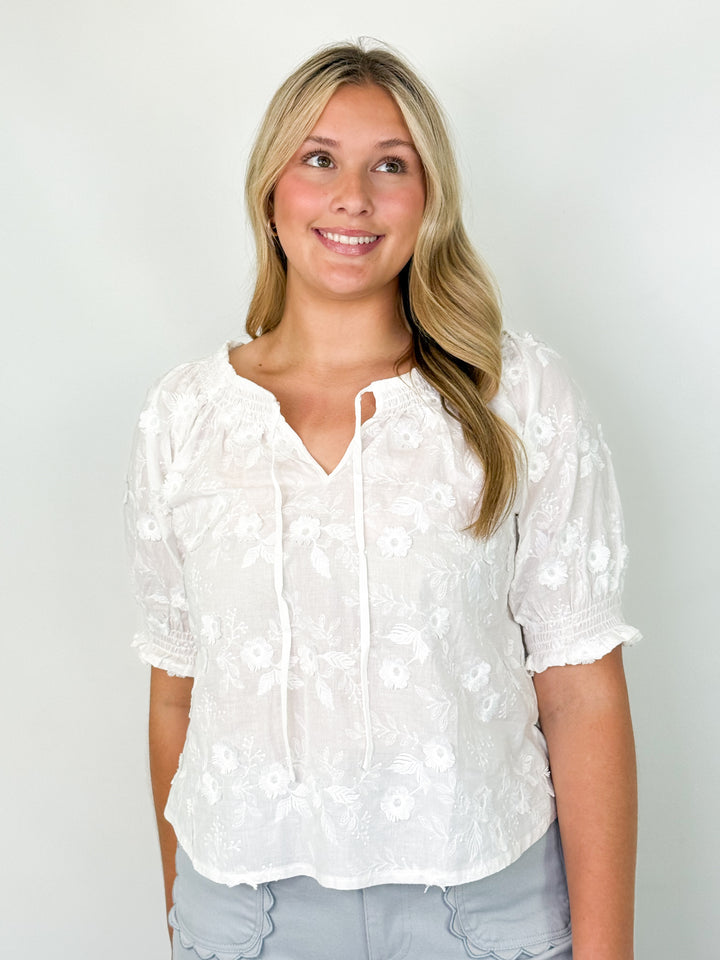 Riley - White Embroidered 3D Floral Top