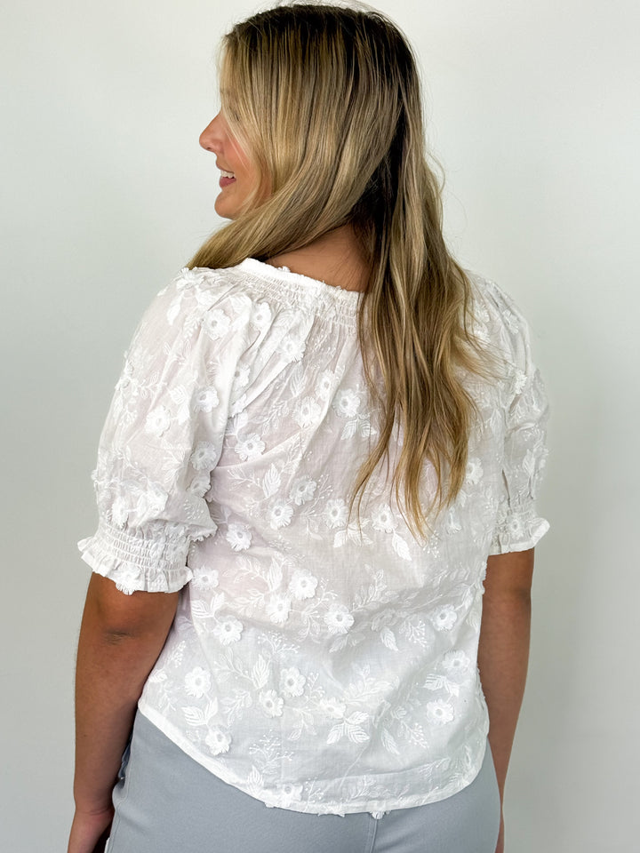 Riley - White Embroidered 3D Floral Top