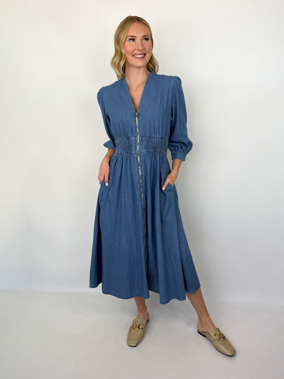 Darla - Denim Zip Front Midi Dress