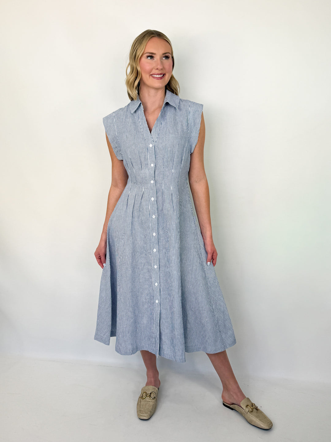 Kris - Navy Striped Button Up Midi Dress