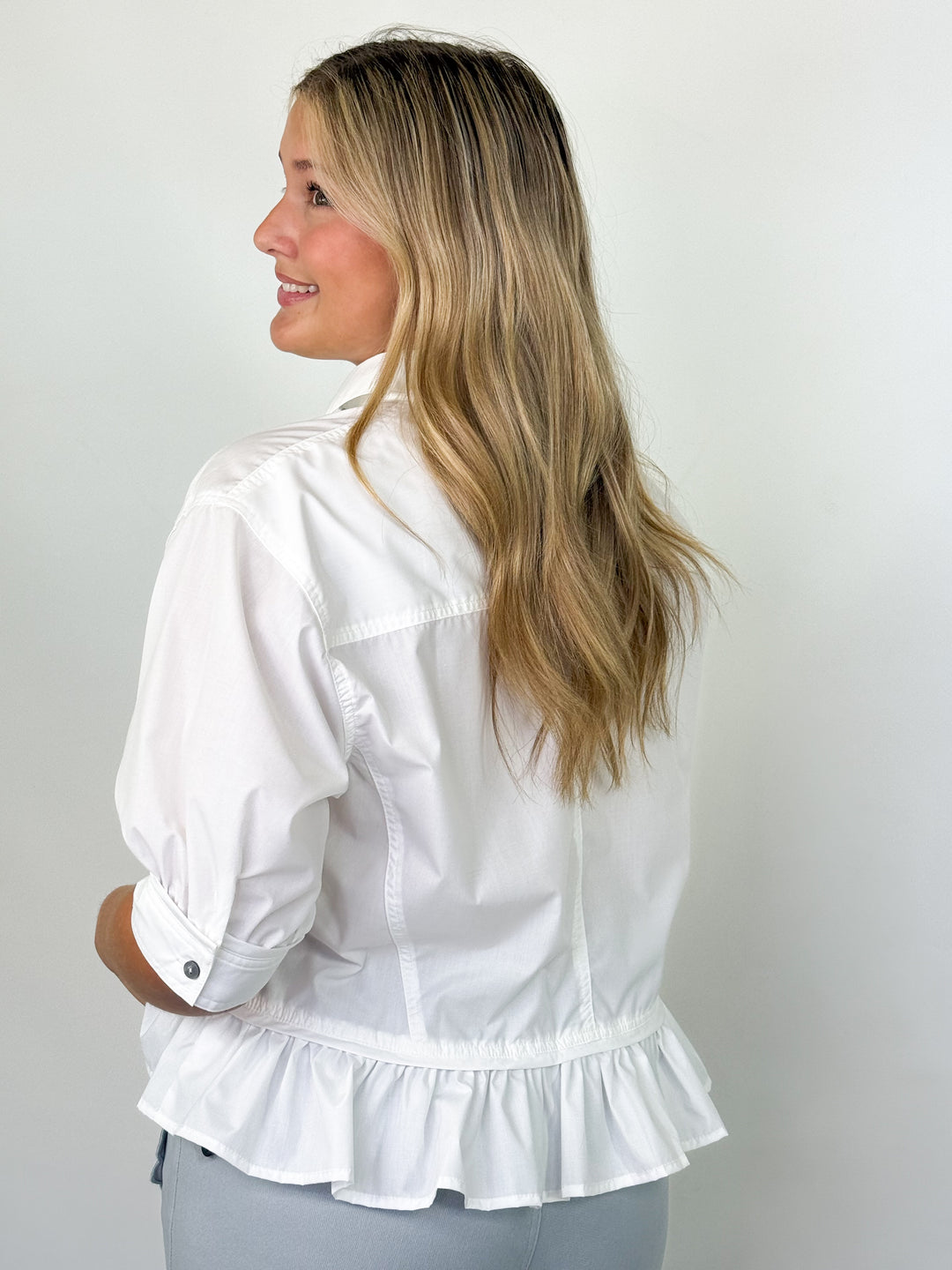 Joyce - Button Down Ruffle Hem Blouse (White)