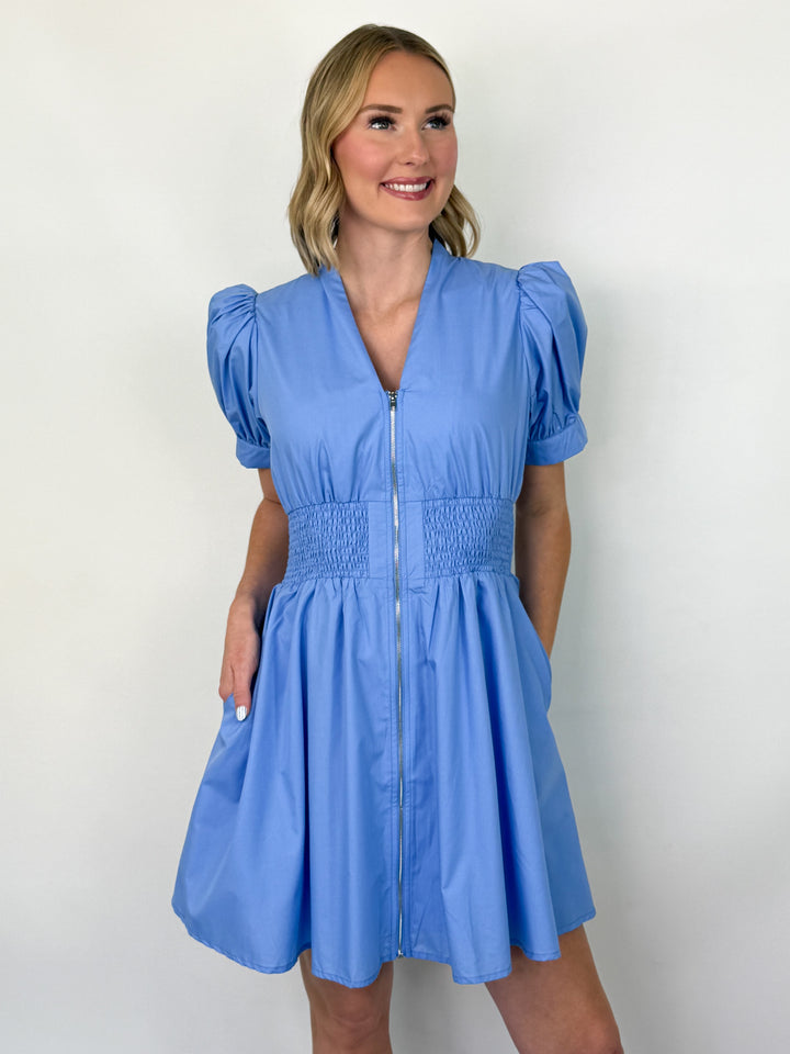Chelsea - Blue Zip Front Mini Dress