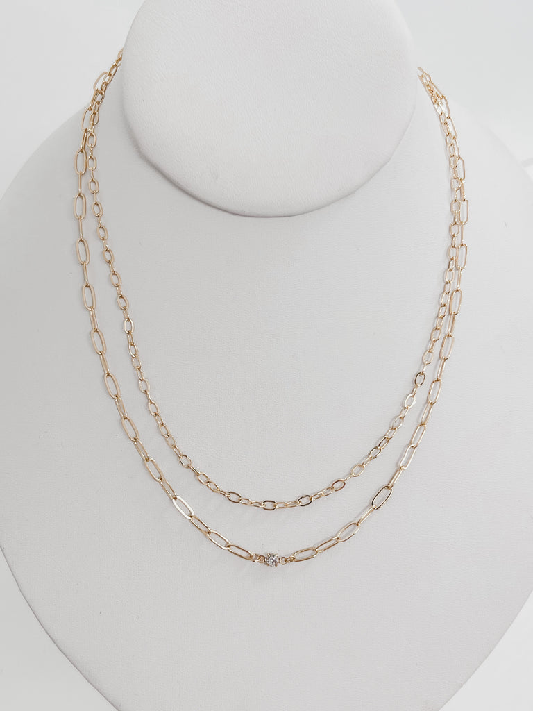 Sophie - Double Layered Link Necklace w/ Rhinestone Detail (Gold)