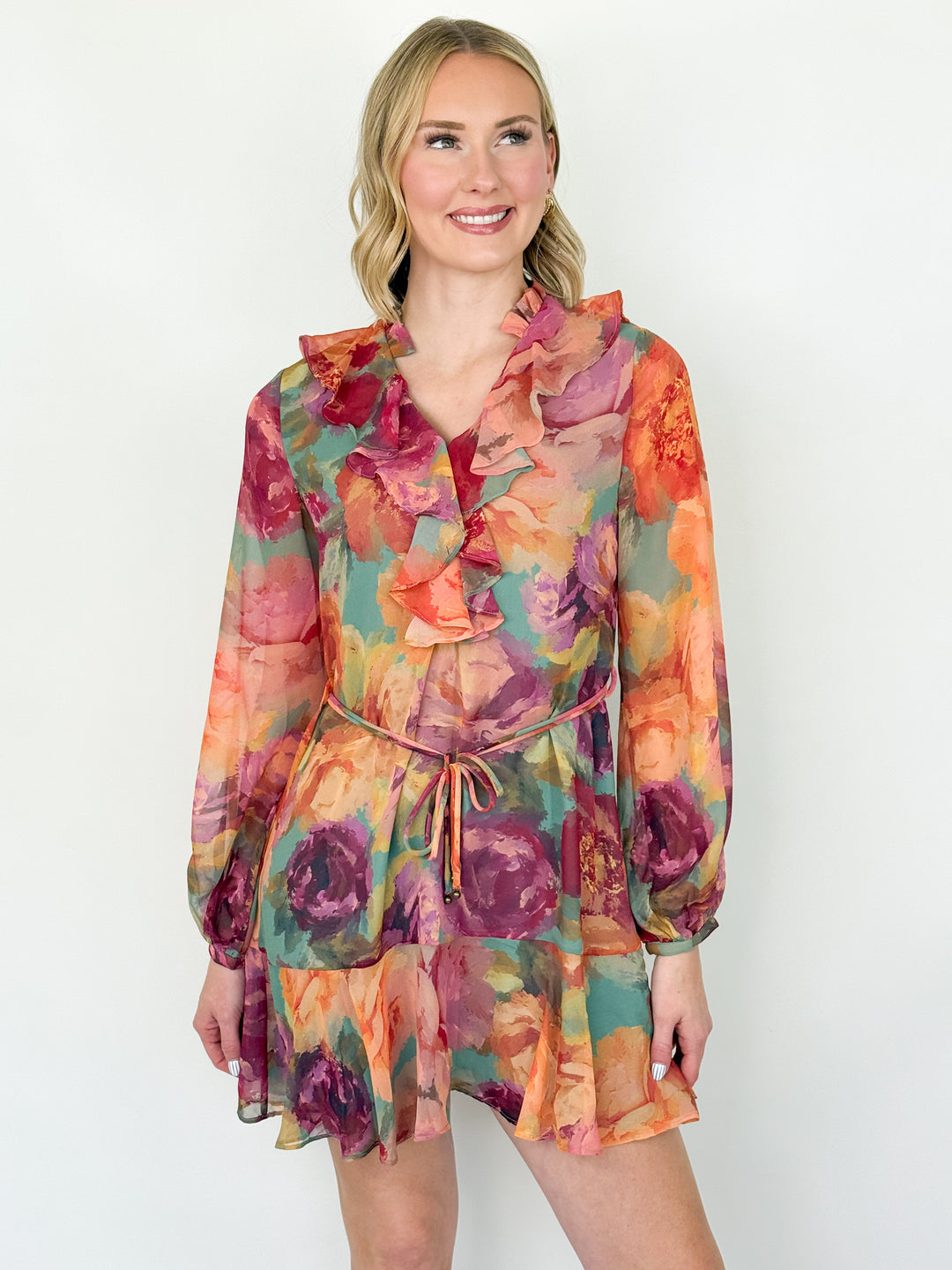 Hanna - Floral Ruffled Neckline Long Sleeve Mini Dress