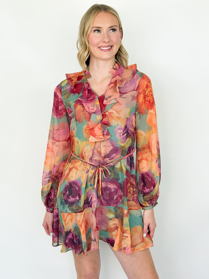 Hanna - Floral Ruffled Neckline Long Sleeve Mini Dress