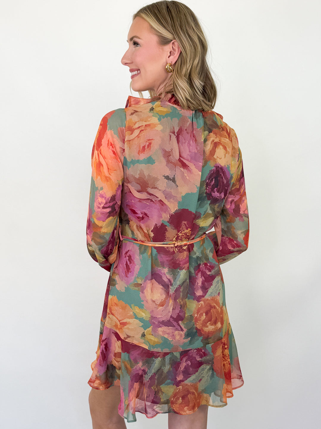 Hanna - Floral Ruffled Neckline Long Sleeve Mini Dress