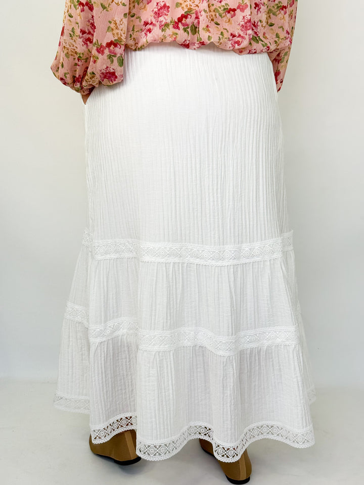 Sydnee - White Tiered Lace Trim Maxi Skirt