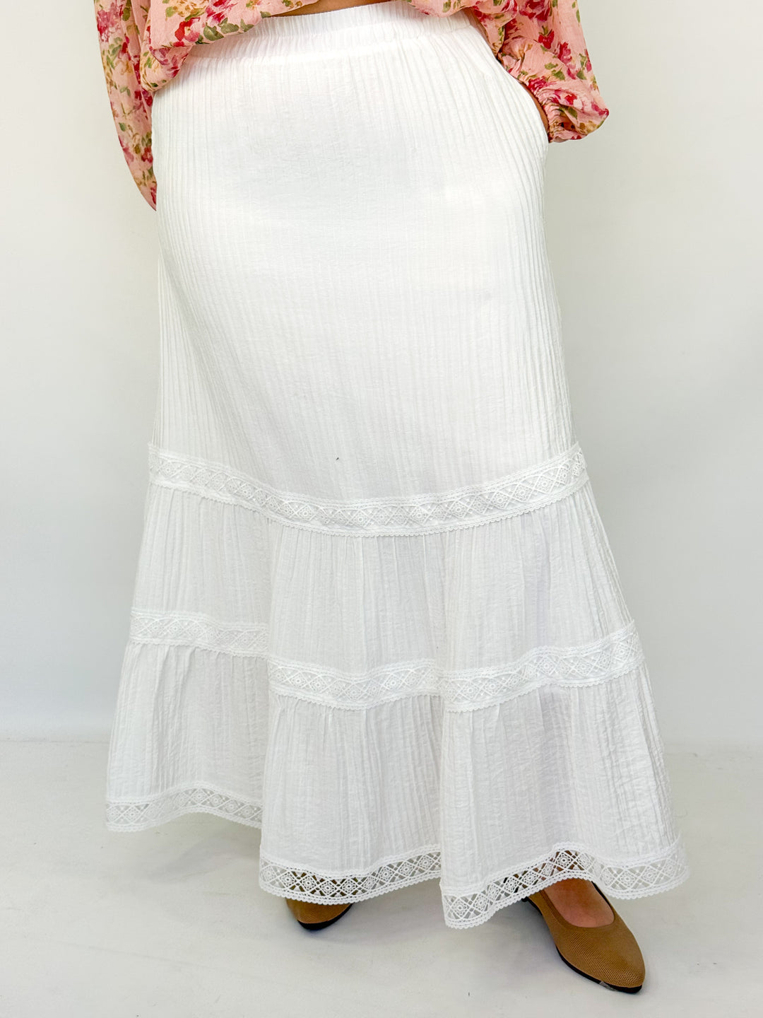 Sydnee - White Tiered Lace Trim Maxi Skirt