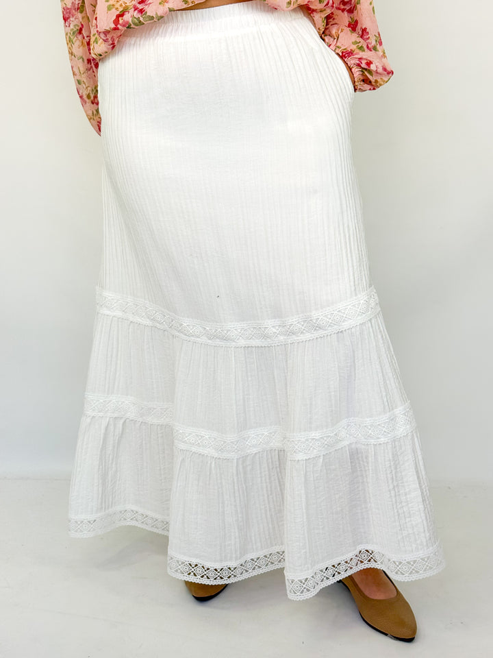 Sydnee - White Tiered Lace Trim Maxi Skirt