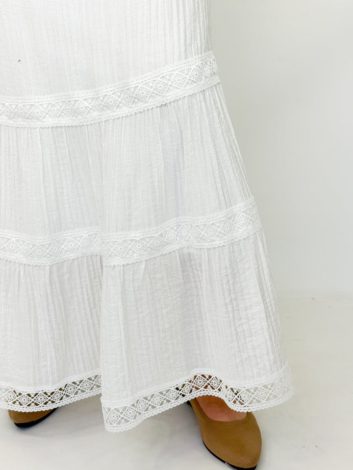 Sydnee - White Tiered Lace Trim Maxi Skirt