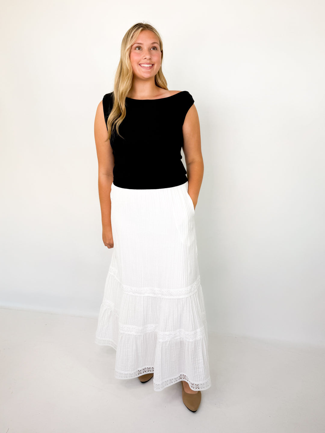 Sydnee - White Tiered Lace Trim Maxi Skirt