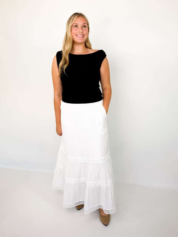 Sydnee - White Tiered Lace Trim Maxi Skirt