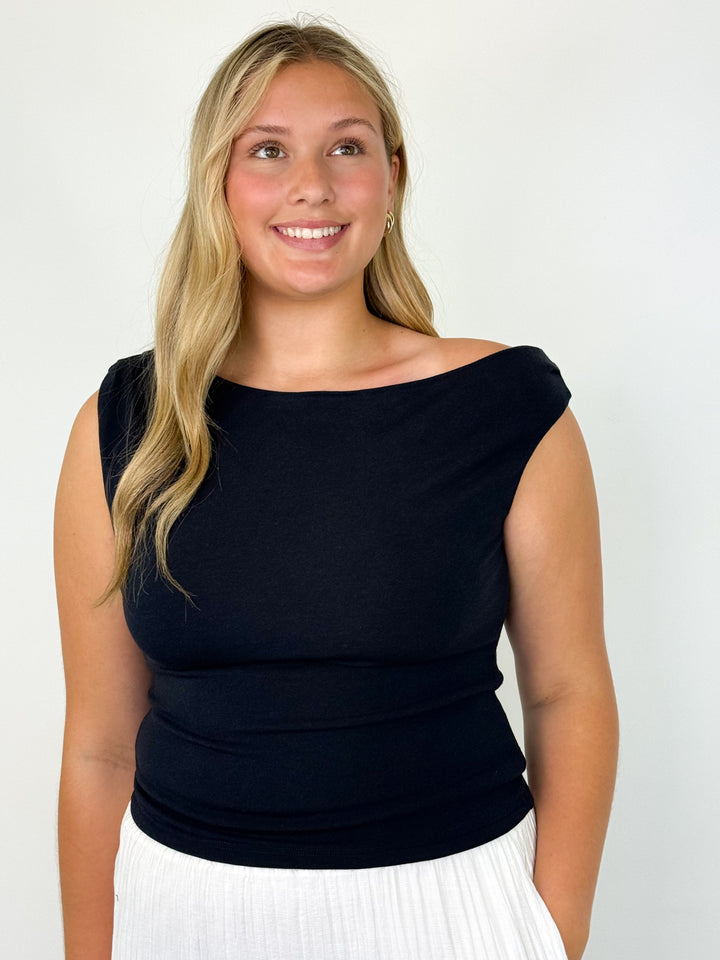 Kaylyn - Navy Asymmetrical Neckline Top