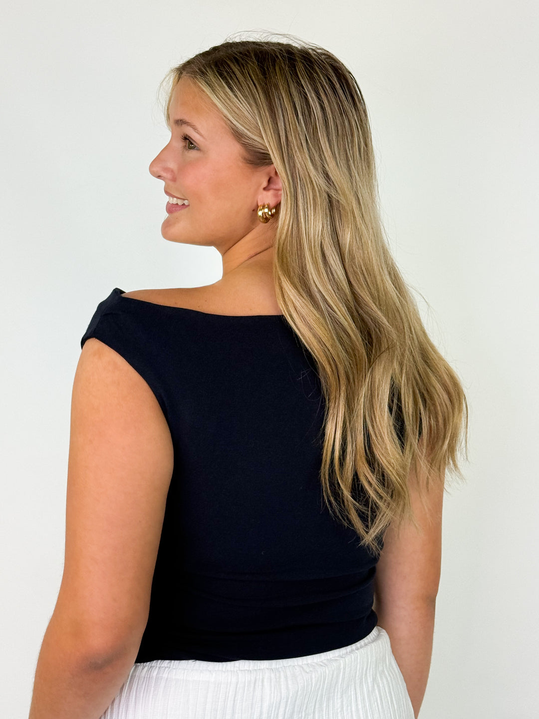 Kaylyn - Navy Asymmetrical Neckline Top