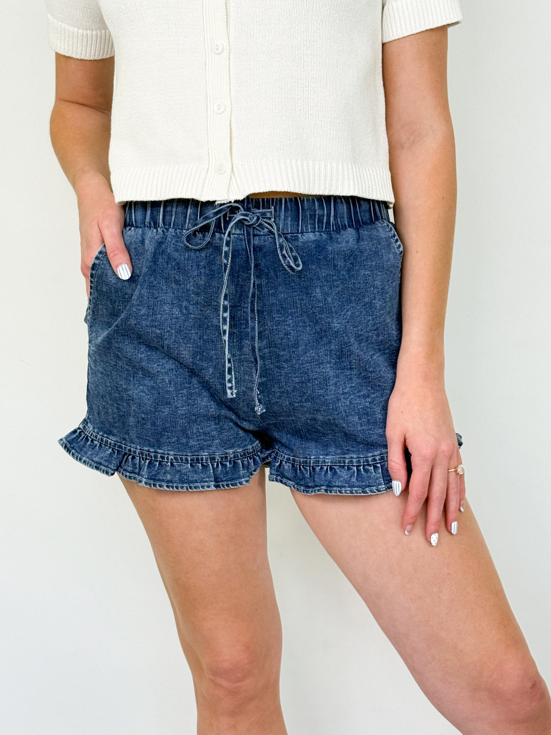 Karys - Ruffle Hem Drawstring Denim Short