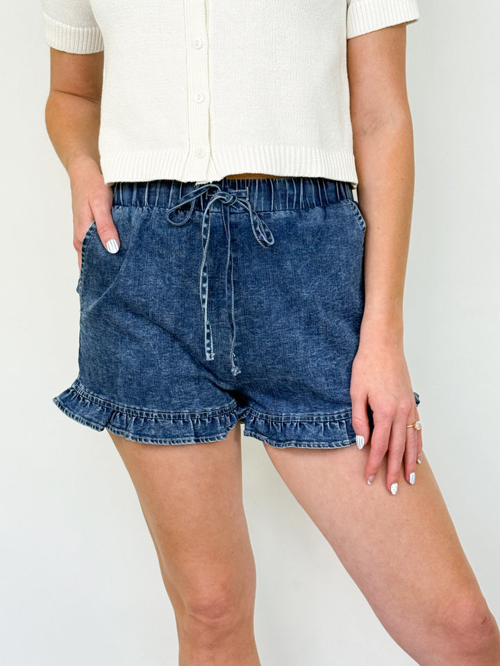 Karys - Ruffle Hem Drawstring Denim Short
