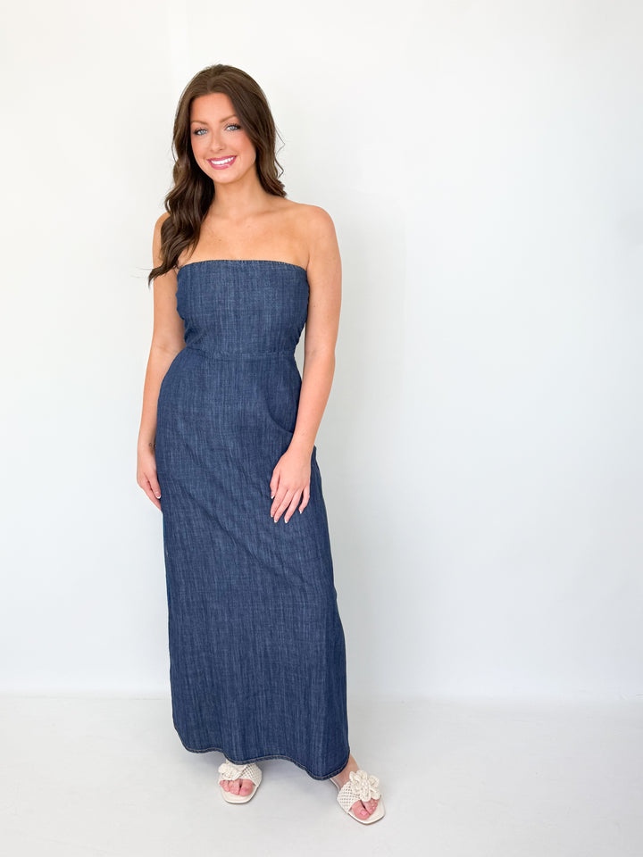 Camila - Strapless Denim Midi Dress