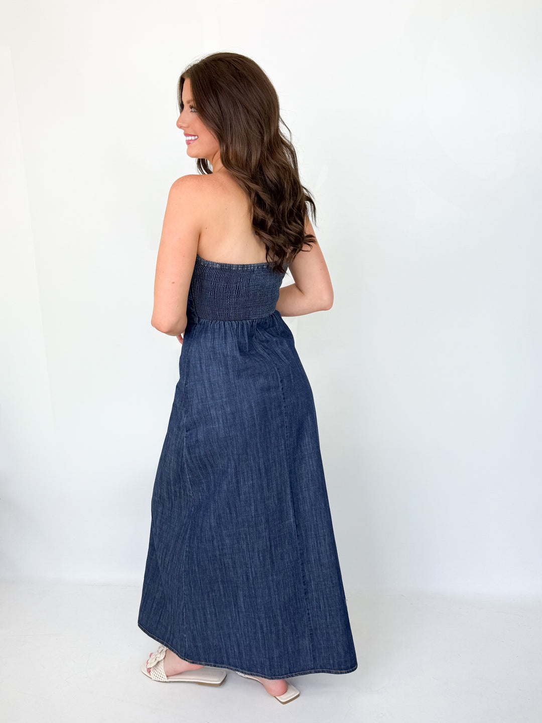 Camila - Strapless Denim Midi Dress