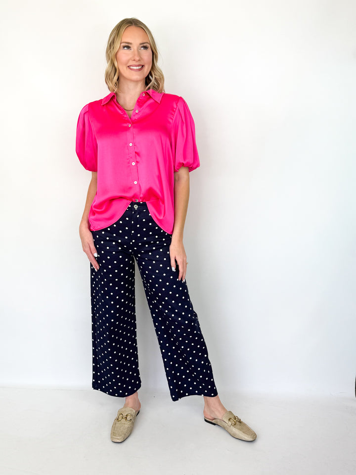 Candice - Bubble Sleeve Button Down Blouse (Fuchsia)