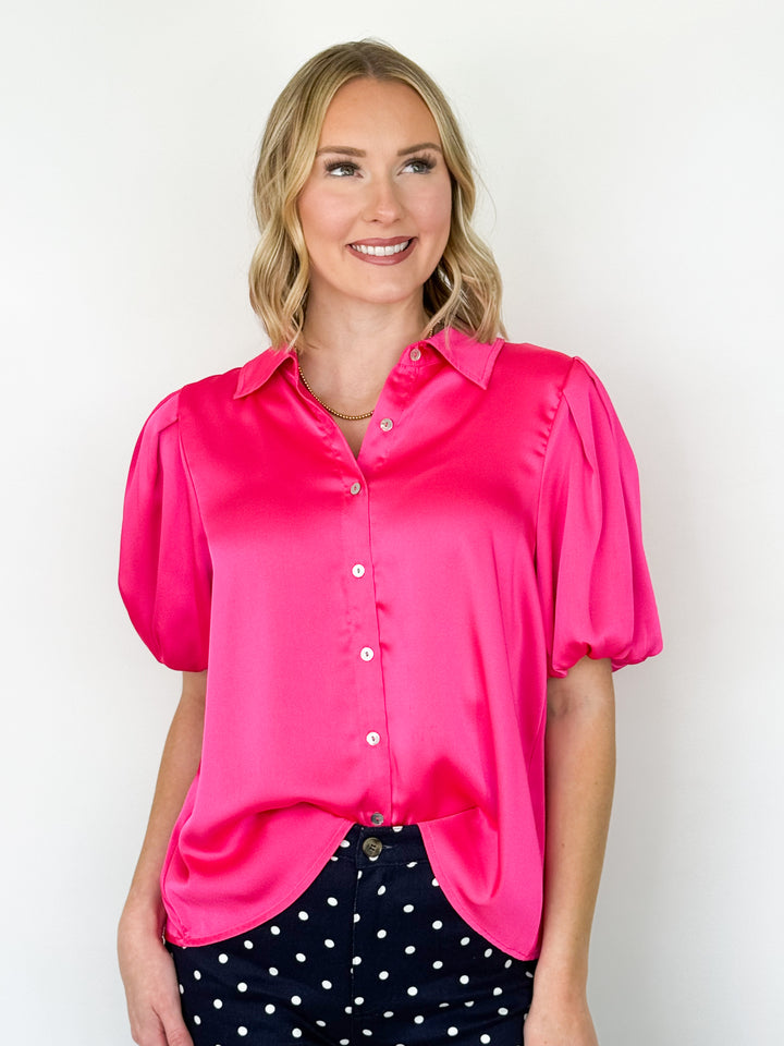 Candice - Bubble Sleeve Button Down Blouse (Fuchsia)