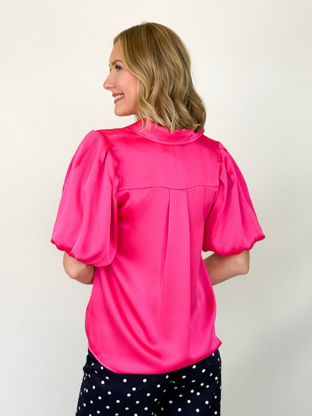 Candice - Bubble Sleeve Button Down Blouse (Fuchsia)