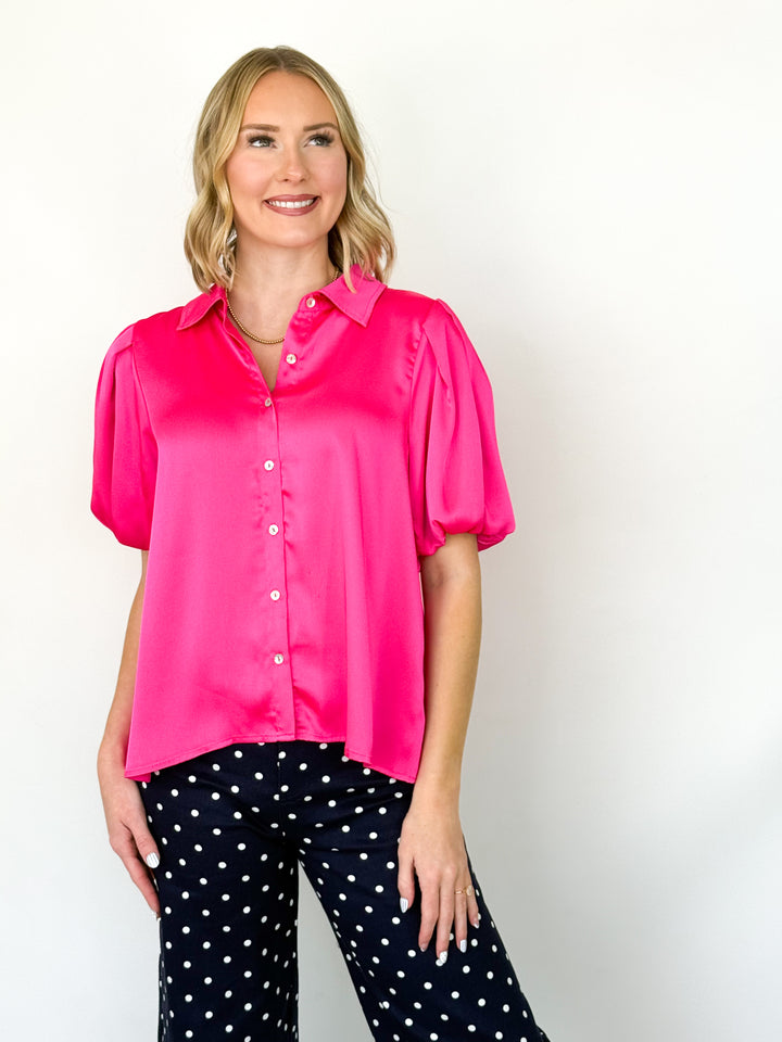 Candice - Bubble Sleeve Button Down Blouse (Fuchsia)