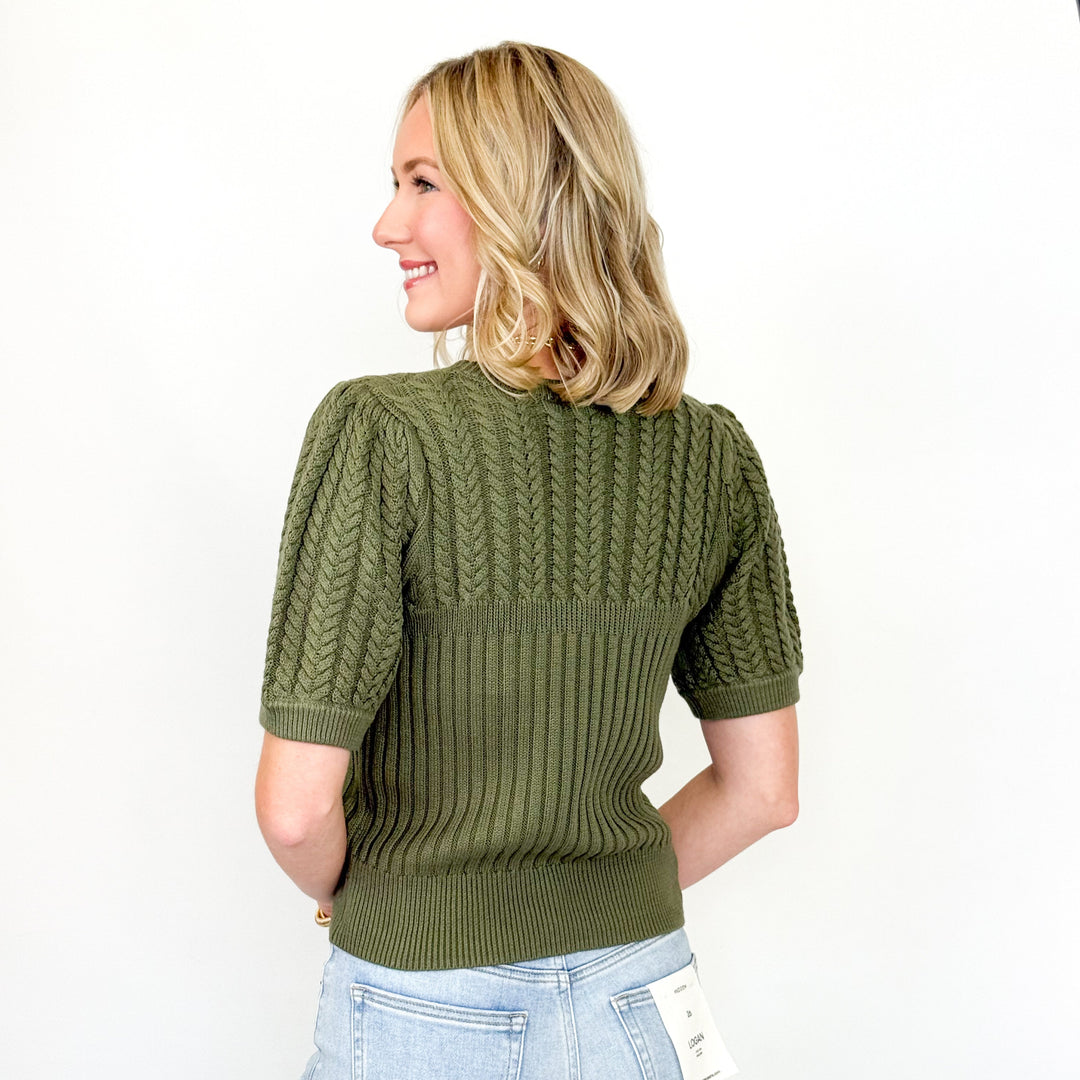 Madison - Puff Sleeve Cable Knit Sweater (Olive)