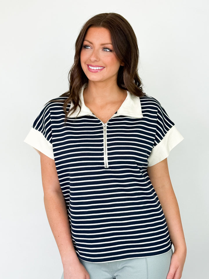 Stephanie - Striped Half Zip Top (Navy)
