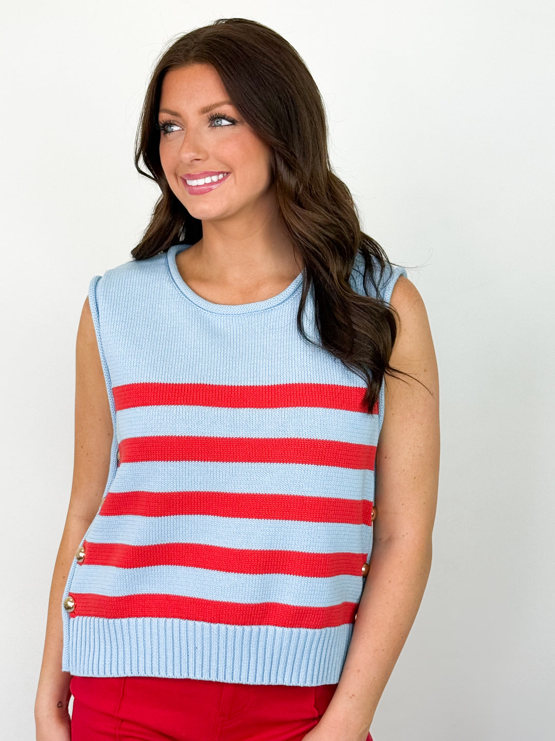 Julie - Red + Baby Blue Striped Knit Button Detail Top