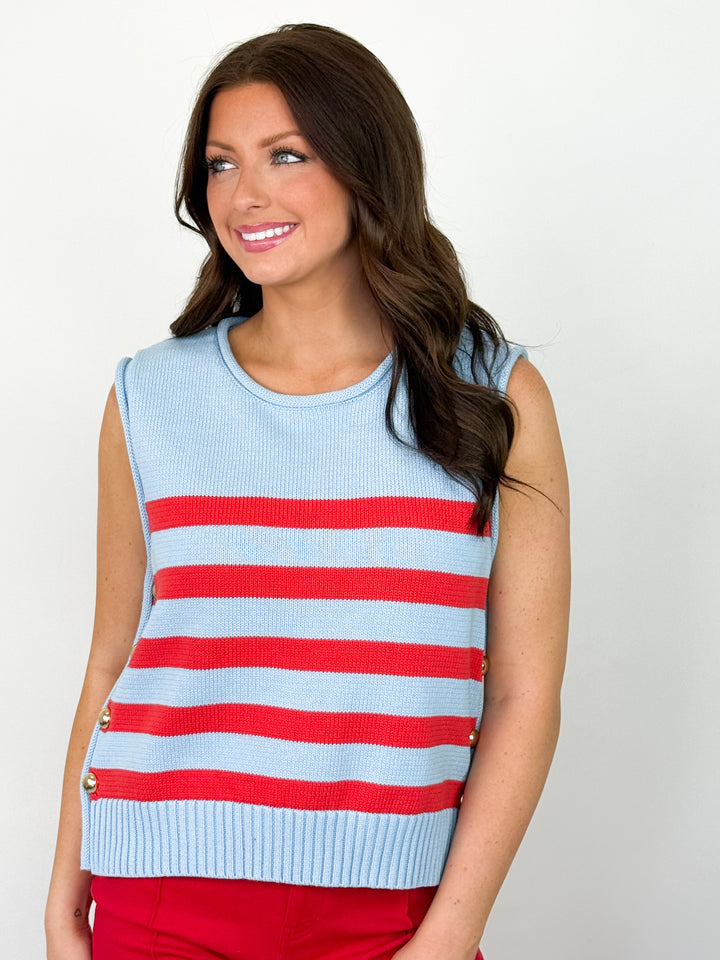 Julie - Red + Baby Blue Striped Knit Button Detail Top