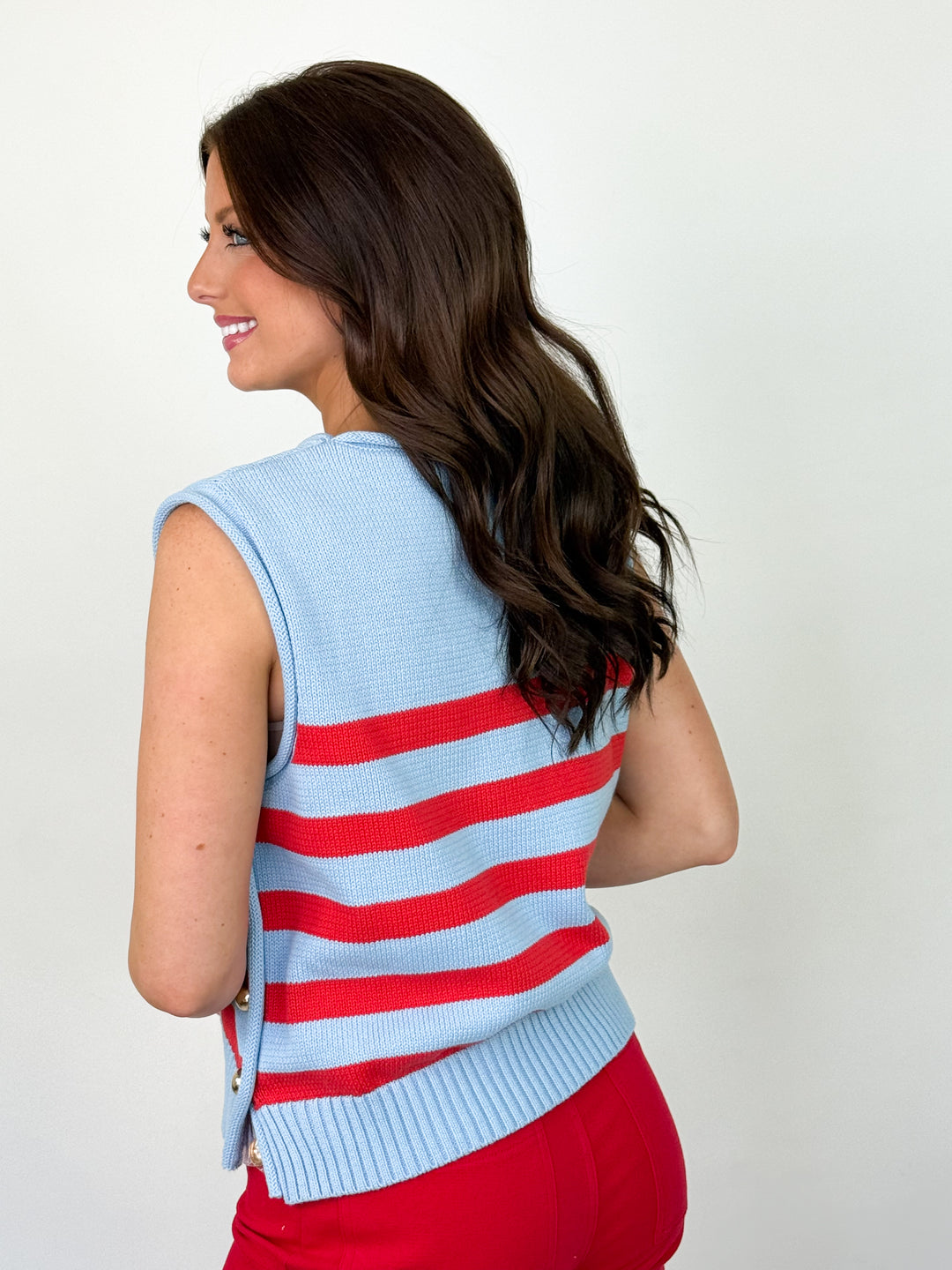Julie - Red + Baby Blue Striped Knit Button Detail Top