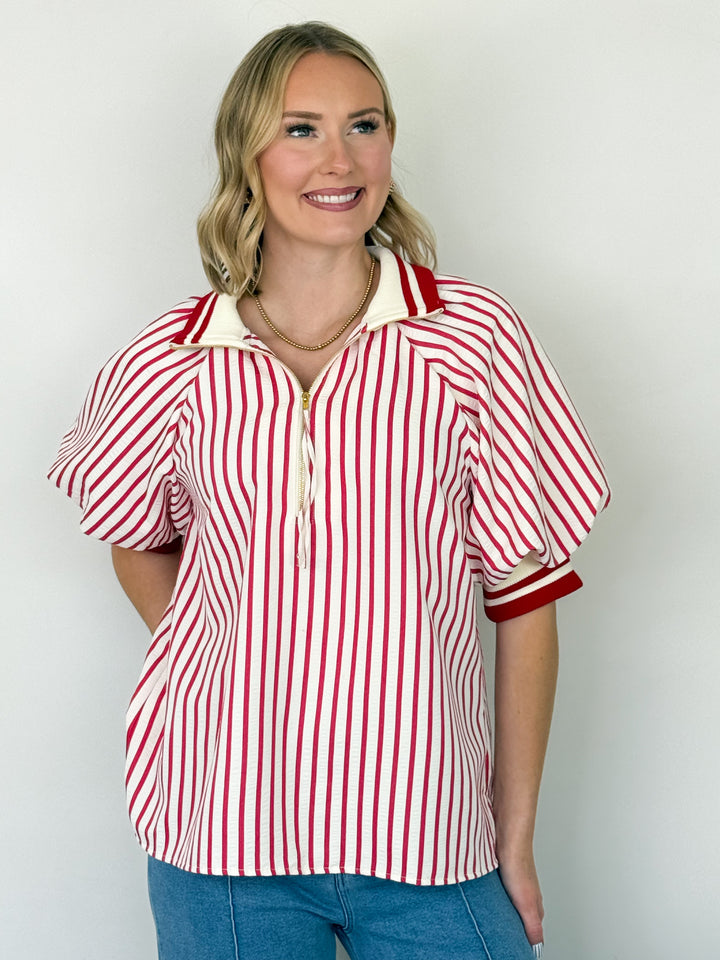 Lindi - Striped Half Zip Top (Red)