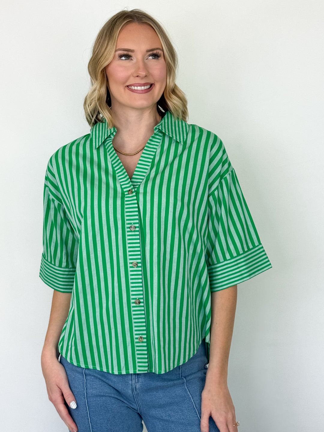 Rina - Green Striped Short Sleeve Blouse