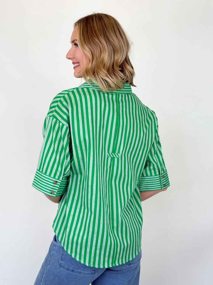 Rina - Green Striped Short Sleeve Blouse