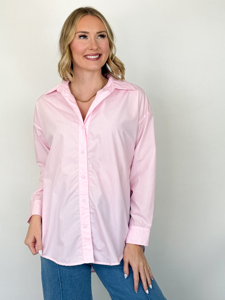 Abbie - Baby Pink Oversized Button Down Blouse