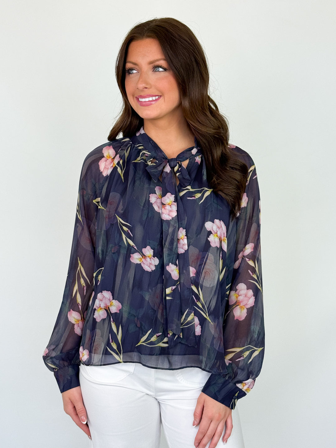 Polly - Floral Tie Neck Long Sleeve Blouse