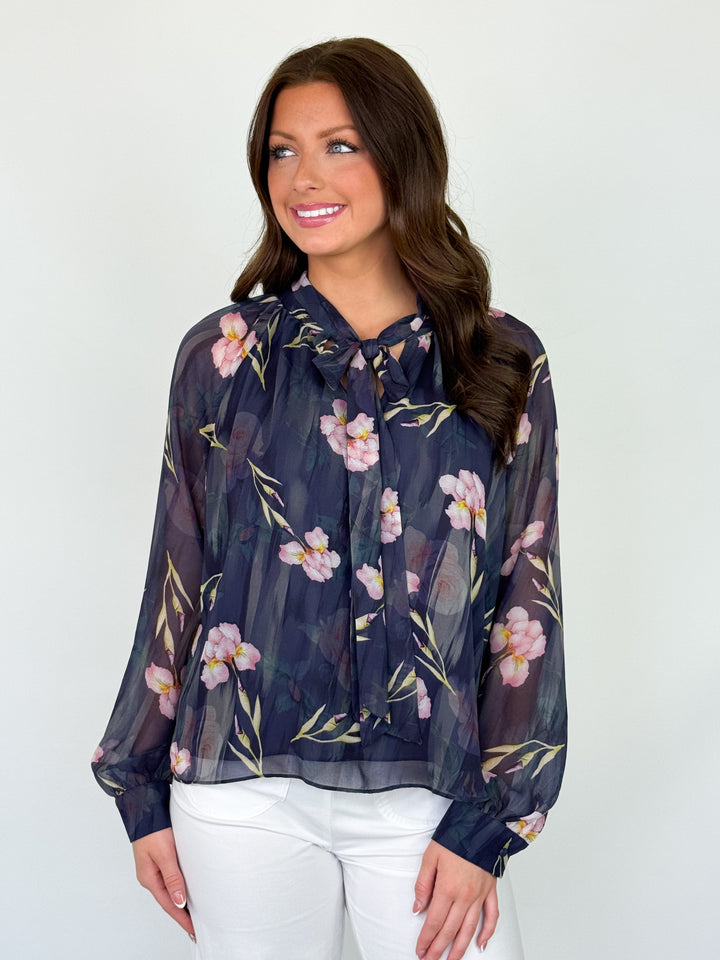 Polly - Floral Tie Neck Long Sleeve Blouse